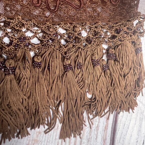 Vintage Rust Lace Mesh Scarf Embroidered Crochet Sequins FairyGrunge Whimsical - Picture 4 of 15